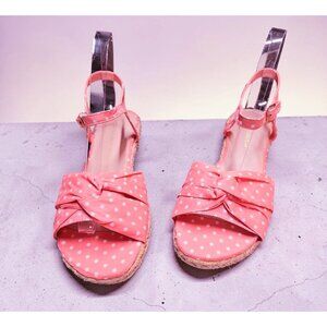 Polka Dot Blush Espadrille Sandals With Bow & Adjustable Ankle Strap - Casual Su